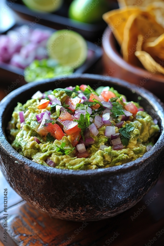 Guacamole - A creamy dip made from mashed avocados, mixed with lime juice, onions, tomatoes, cilantro, and chili peppers. Guacamole - A creamy dip made from mashed avocados, mixed with lime juice, onions, tomatoes, cilantro, and chili peppers.