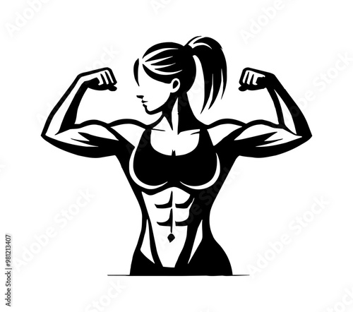 woman flex arm muscle logo engraving black and white outline