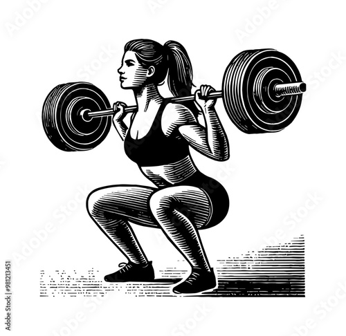 woman squat barbell engraving black and white outline