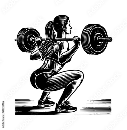 woman squat barbell engraving black and white outline
