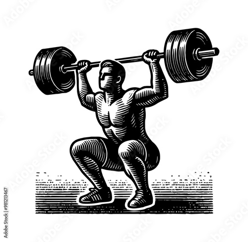 man squat barbell engraving black and white outline