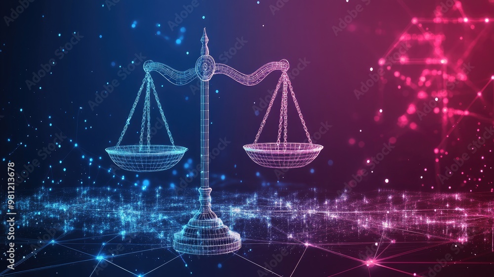 Legal Scale On Digital Background Illustration Of Justice And Judicial System With Scales On Network Connection Legal Scale On Digital Background Illustration Of Justice And Judicial System With Scales On Network Connection