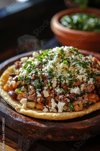 Huaraches - A thick masa dough base, shaped like a sandal, topped with beans, meat, lettuce, cheese, and salsa. photo