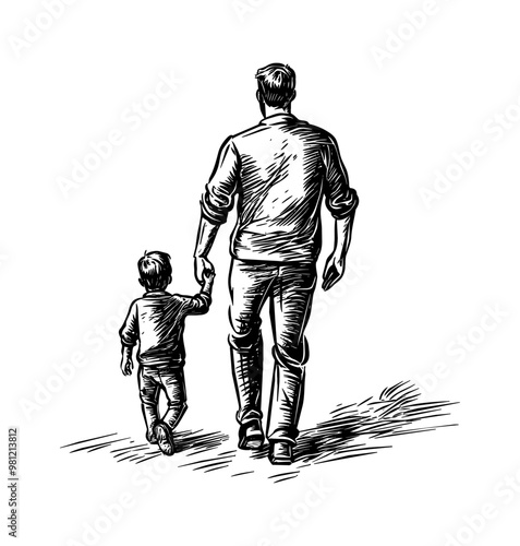 father and son walking holding hand engraving black and white outline
