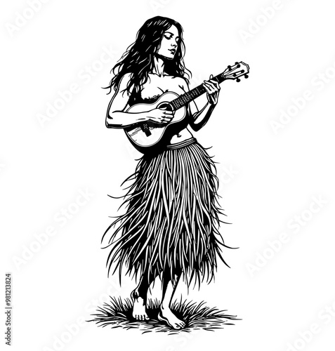 woman hula dancer play ukulele engraving black and white outline