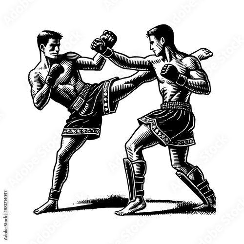 two man muay thai fight engraving black and white outline