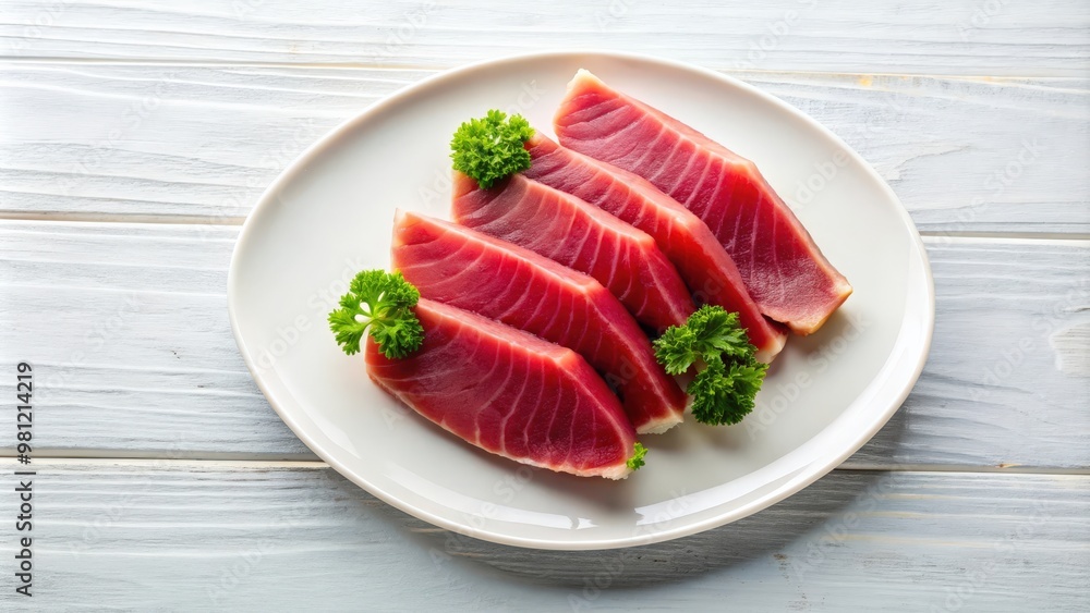Cold smoked tuna slices delicately arranged on a white plate , gourmet, seafood, appetizer, culinary Cold smoked tuna slices delicately arranged on a white plate , gourmet, seafood, appetizer, culinary