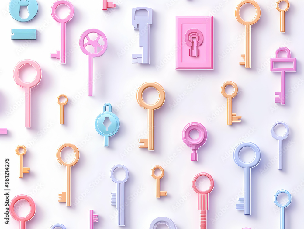 Flat Floating Holographic White Keys Unlocking Growth Opportunities: Close-Up Vector Illustration of Potential Realization on White Background Flat Floating Holographic White Keys Unlocking Growth Opportunities: Close-Up Vector Illustration of Potential Realization on White Background