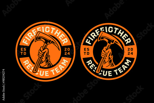 firefighter axe, fireman axe, hatchet with gloved hand retro vintage logo vector design collection set for firefighter, rescuer worker, adventure and survivor
