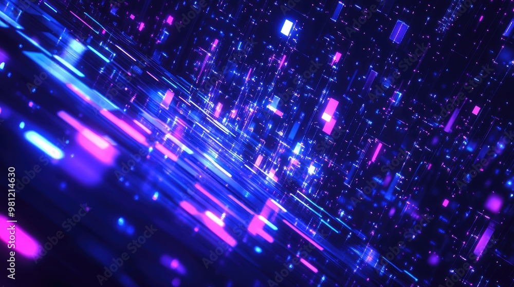 Obraz premium Abstract Digital Background With Glowing Blue And Violet Pixelated Lights Global Technology And Data Concept In Cyberpunk Style