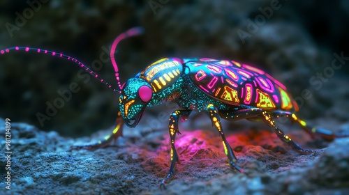 Vibrant close-up of a colorful beetle with intricate patterns, showcasing its unique glow and details in a natural setting. photo