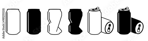 Linear icon, aluminum can with drinks. Soda can icon/ Dented soda cans icons set. 