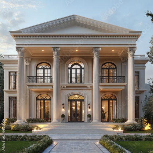 A grand, classical-style mansion with a portico supported by six columns. The building has a symmetrical design with multiple windows, a central entrance,