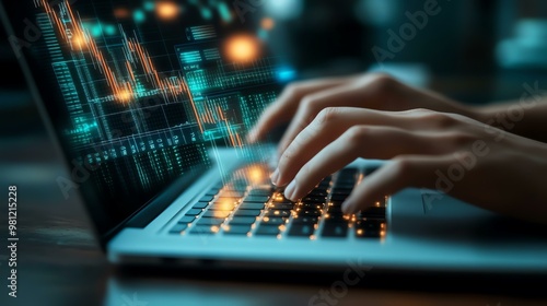 A close-up of hands typing on a laptop, surrounded by digital graphs and data, representing technology and finance integration.