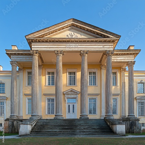 A grand, classical mansion with a portico supported by six white columns. The facade is pale yellow with white trim and a pediment. A set of stairs leads up to the main entrance. photo