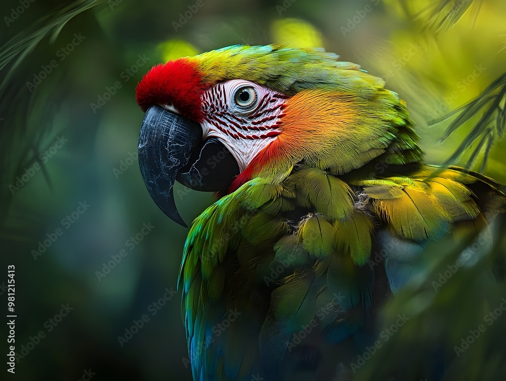 Obraz premium Mesmerizing Parrot with Vivid Plumage and Inquisitive Eyes in Verdant Forest Environment