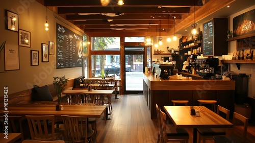 A cozy cafe interior with wooden tables, ambient lighting, and a welcoming atmosphere perfect for dining or socializing.