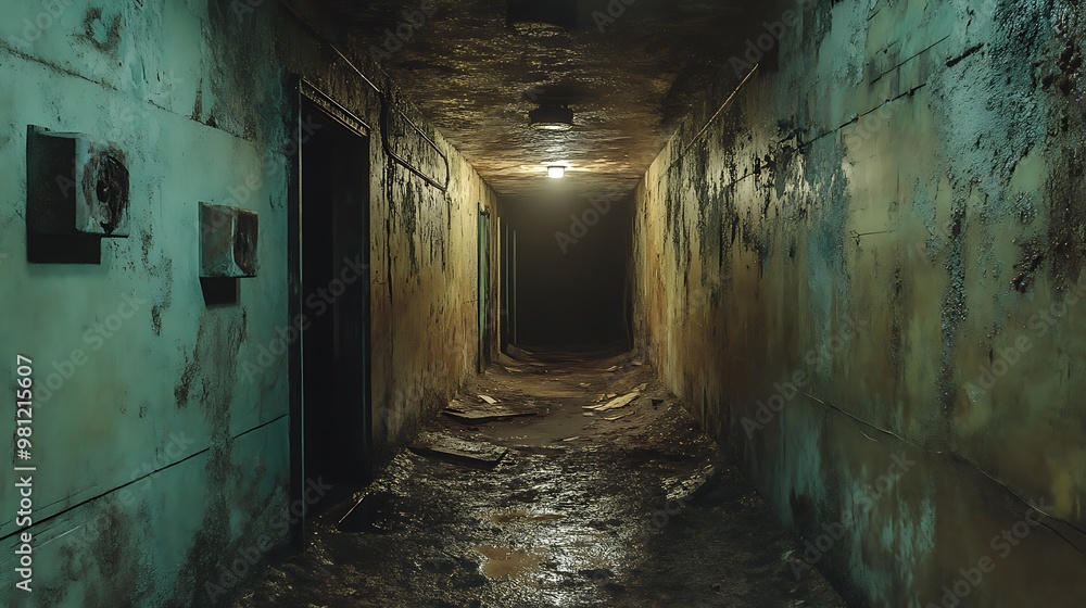 A dark, eerie hallway in an abandoned building echoes with water and decay. A dark, eerie hallway in an abandoned building echoes with water and decay.