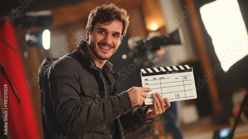 A film director holding a clapboard and smiling, as if ready to start a scene. photo