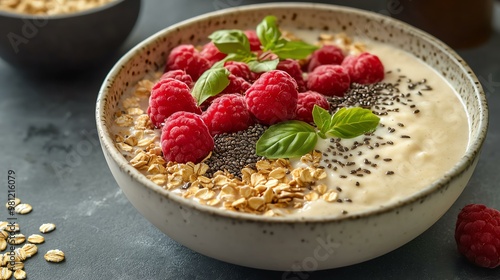 A healthy bowl of oatmeal topped with fresh raspberries, chia seeds, and basil leaves, perfect for a nutritious breakfast. photo