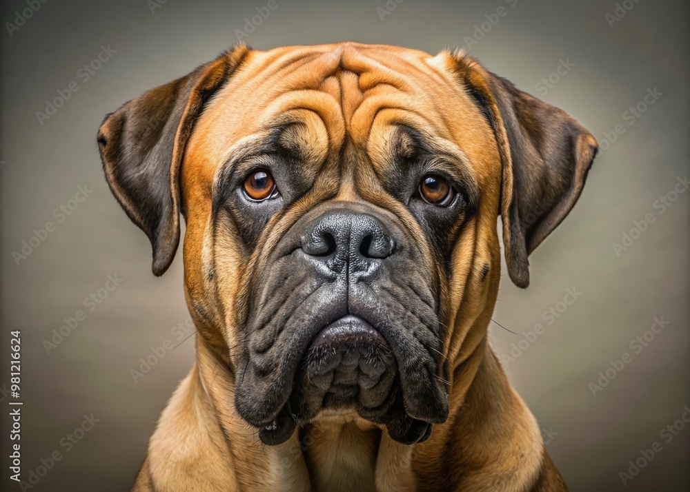 Close-up portrait of a majestic bullmastiff dog with a gentle expression, soft fur, and a wrinkled face, set against a neutral background. Close-up portrait of a majestic bullmastiff dog with a gentle expression, soft fur, and a wrinkled face, set against a neutral background.