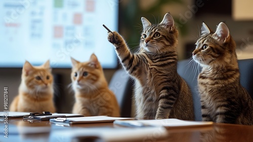 Fototapeta Naklejka Na Ścianę i Meble -  Cats in a business meeting bring charm and cuteness to the office setting.