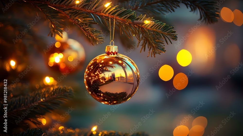 Close-up of a golden Christmas ornament hanging on a tree branch, illuminated by warm lights, creating a festive holiday atmosphere. Close-up of a golden Christmas ornament hanging on a tree branch, illuminated by warm lights, creating a festive holiday atmosphere.