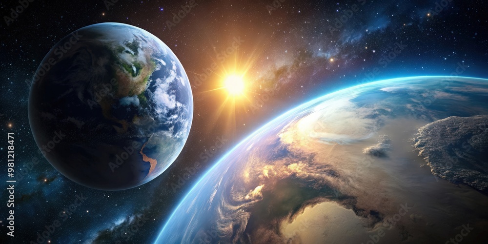 Earth sunrise with moon in space, Earth, sunrise, moon, space, outer space, celestial bodies, planet Earth Earth sunrise with moon in space, Earth, sunrise, moon, space, outer space, celestial bodies, planet Earth