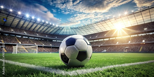 Close-up of soccer ball on penalty kick spot in stadium match, soccer ball, penalty kick, stadium, players, match