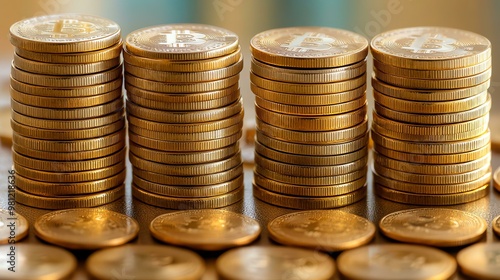 Close-up of stacked coins showing financial growth and investment potential in a blurred background. photo