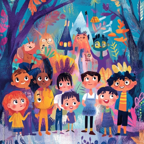 A group of diverse children stand in front of a colorful, fantastical forest. photo