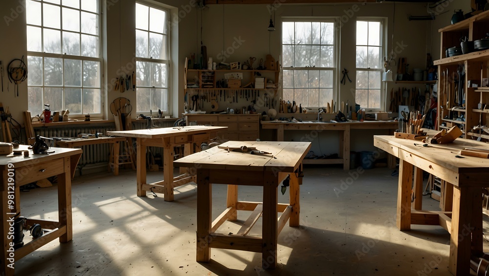 Busy workshop with custom wood furniture projects, scattered tools, and natural light. Busy workshop with custom wood furniture projects, scattered tools, and natural light.