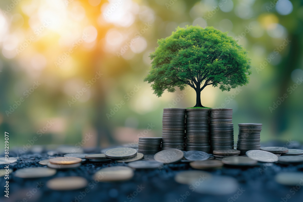 A tree growing out of a stack of coins, each leaf representing financial savings and prosperity. A tree growing out of a stack of coins, each leaf representing financial savings and prosperity.