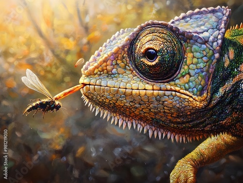 Hyper Detailed Close Up of Chameleon Tongue Snatching Unsuspecting Insect in Vibrant Natural Setting photo