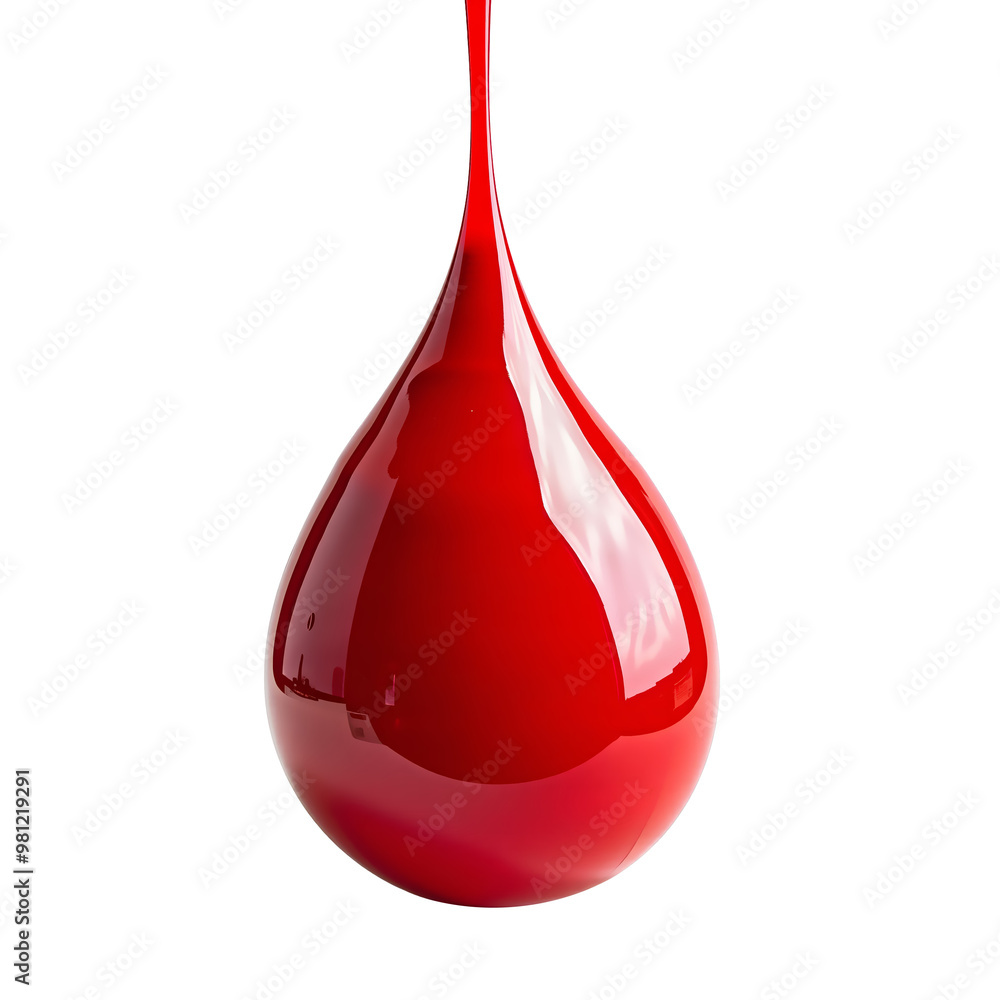 Obraz premium Crimson Drop: A solitary, vibrant red liquid drop hangs suspended, captured in time before its inevitable fall. 