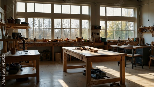 Busy workshop with custom wood furniture projects, tools scattered, and natural light.