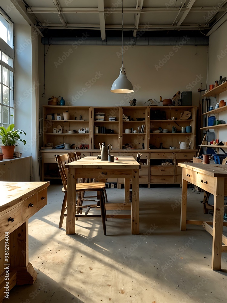 Busy workshop with various custom wood furniture projects and natural light. Busy workshop with various custom wood furniture projects and natural light.