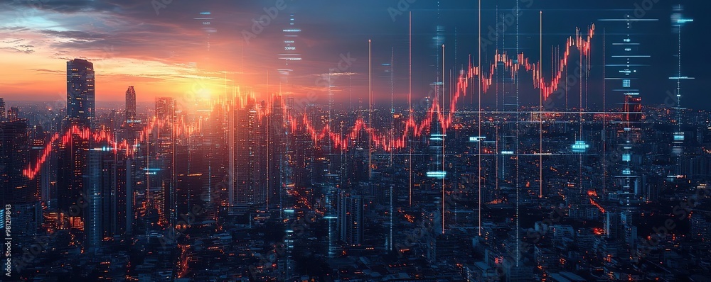 Fototapeta premium Business growth concept with data analytics graph overlaying a stunning city skyline at sunset, illustrating financial progress.