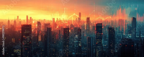 Stunning city skyline at sunset, showcasing modern architecture against a vibrant orange and blue sky.