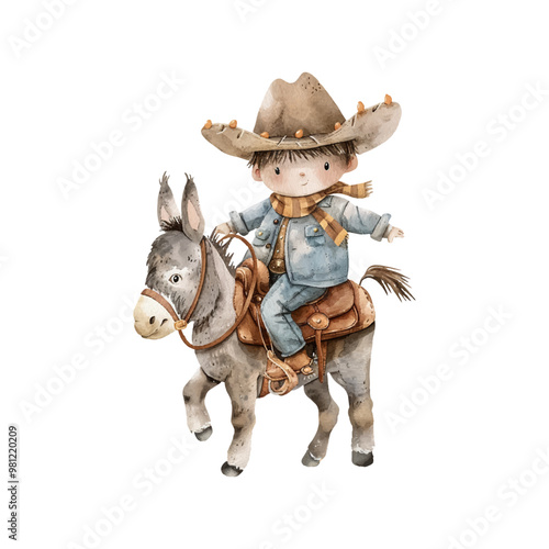 cute cowboy riding donkey vector illustration in watercolor style