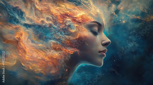 A stunning artwork featuring a woman's profile merging with cosmic swirls, symbolizing beauty, creativity, and the universe's mysteries.