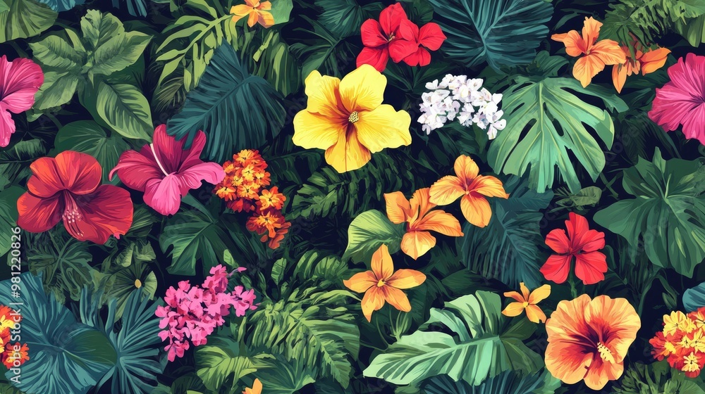 Blooming jungle Colorful raster illustration Seamless pattern featuring various tropical flowers Blooming jungle Colorful raster illustration Seamless pattern featuring various tropical flowers