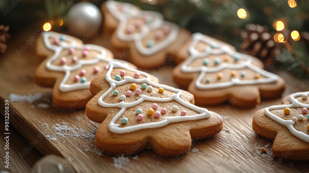 A close-up of beautifully decorated gingerbread cookies shaped like Christmas trees and snowflakes, covered in white icing and colorful sprinkles,