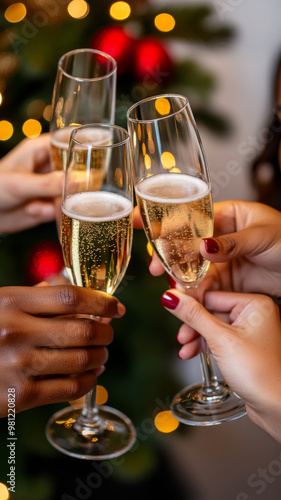 Champagne glasses clinking in front of festive Christmas tree, celebration concept