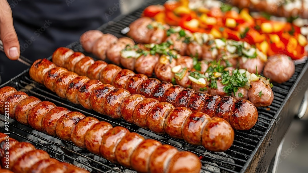 Close-up of street vendor grilling sausages, vibrant toppings and condiments displayed, street food market, grill advertising Close-up of street vendor grilling sausages, vibrant toppings and condiments displayed, street food market, grill advertising