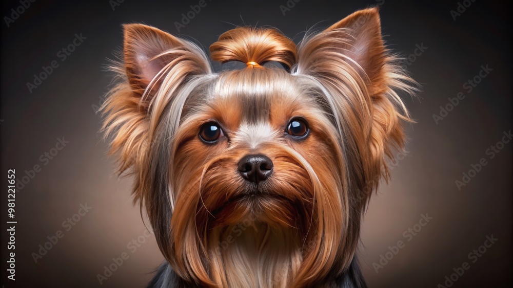 Sweet adorable Yorkshire Terrier with stunning long silky hair, fluffy ears, and big brown eyes, isolated on a solid colored background, looking directly ahead. Sweet adorable Yorkshire Terrier with stunning long silky hair, fluffy ears, and big brown eyes, isolated on a solid colored background, looking directly ahead.