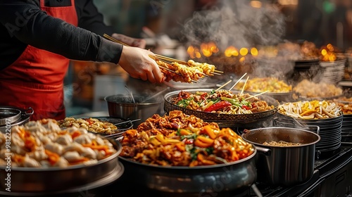 Night street food market with skewers, dumplings, and steaming bowls of noodles, street food market, Asian cuisine advertising