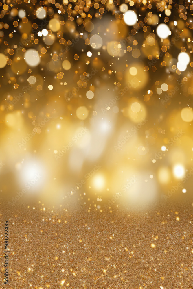 Golden glitter sparkling on a surface with a golden bokeh effect background, creating a luxurious and festive christmas atmosphere or any other celebration. Copy space. Vertical photography Golden glitter sparkling on a surface with a golden bokeh effect background, creating a luxurious and festive christmas atmosphere or any other celebration. Copy space. Vertical photography