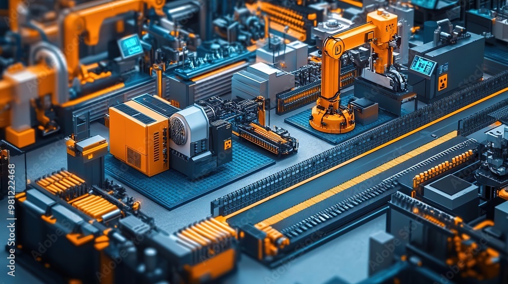 A detailed view of an advanced automated factory with robotic arms and conveyor belts, showcasing modern manufacturing technology. A detailed view of an advanced automated factory with robotic arms and conveyor belts, showcasing modern manufacturing technology.