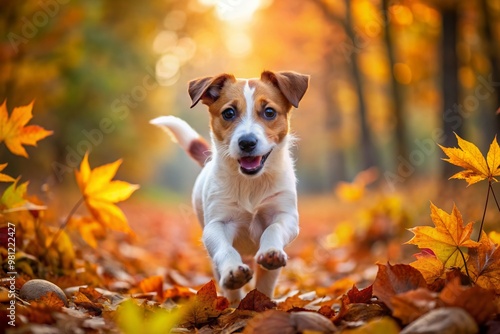 Adorable Jack Russell Terrier puppy dashes through vibrant autumn forest leaves, its little legs moving quickly, ears flapping, and tail wagging with joyful energy.